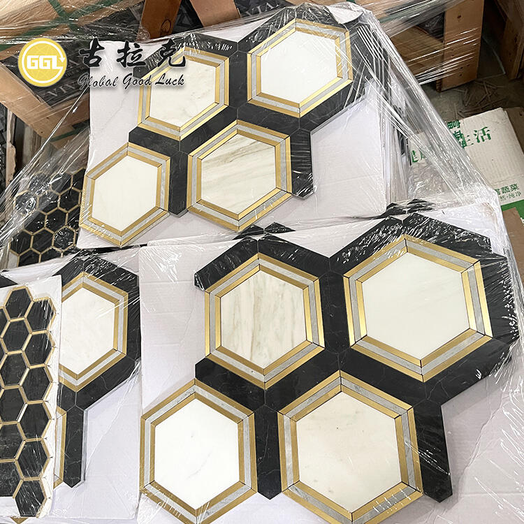 Hexagon Shape Marble With Brass Waterjet Mosaic Tile