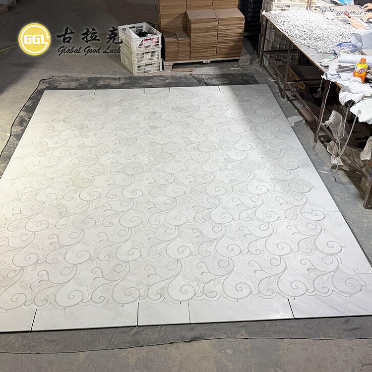 Natural White Marble Flower Parquet Feature  Waterjet Mosaic Tile Floor Wall Design