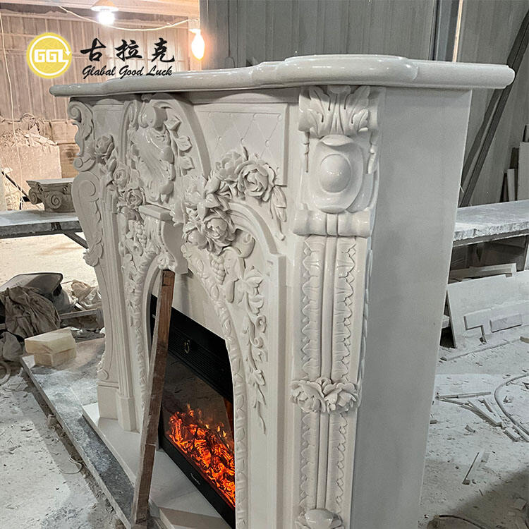 French Style Freestanding Ethanol Fireplace Mantles Popular Design Hand Carved Natural White Marble