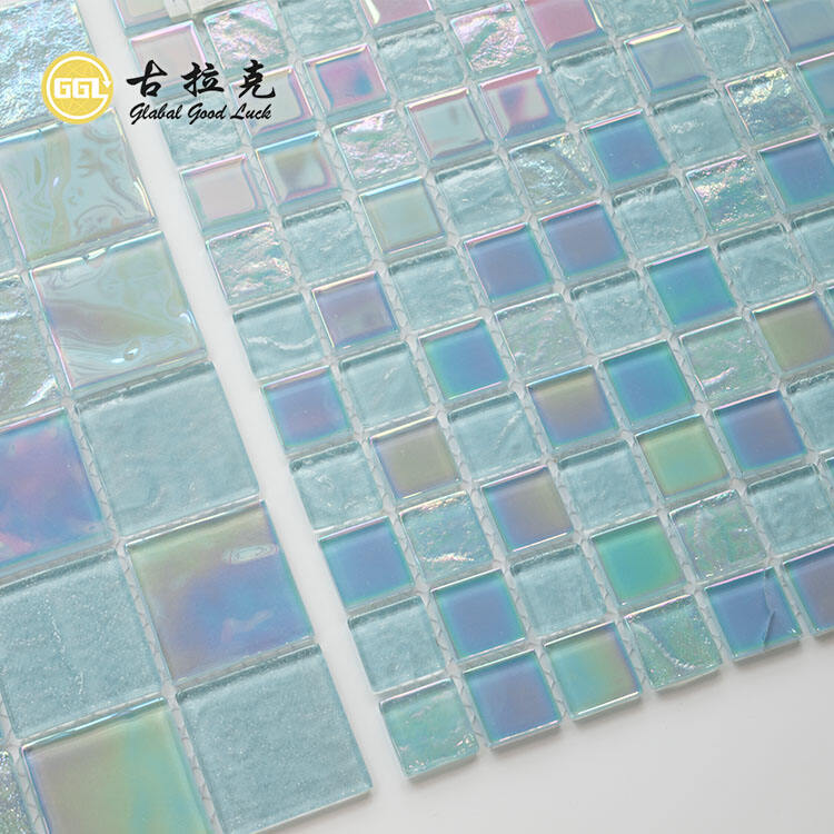 Light Blue Glass Mosaic Tile Iridescent Shine Tile for Swimming Pool Decor