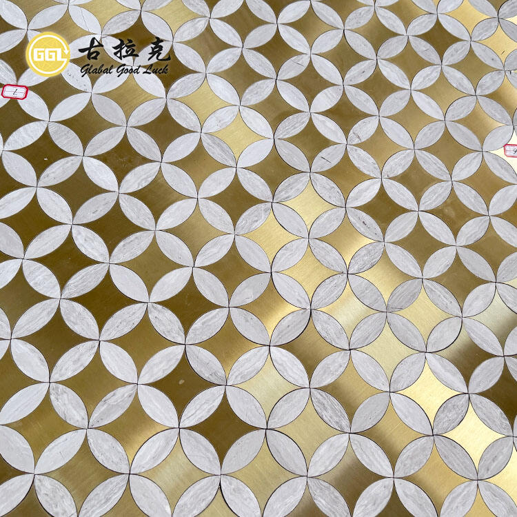 Wood Marble Inlay With Brass Parquet Waterjet Mosaic T