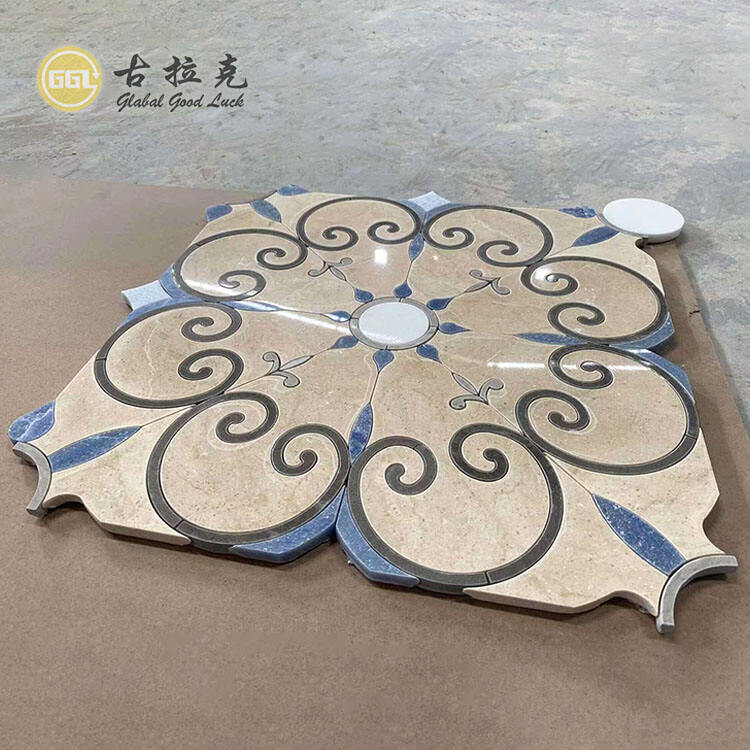 Flower Design Marble Mosaic Tile Blue Beige Stone Tile for Villa Home Decoration