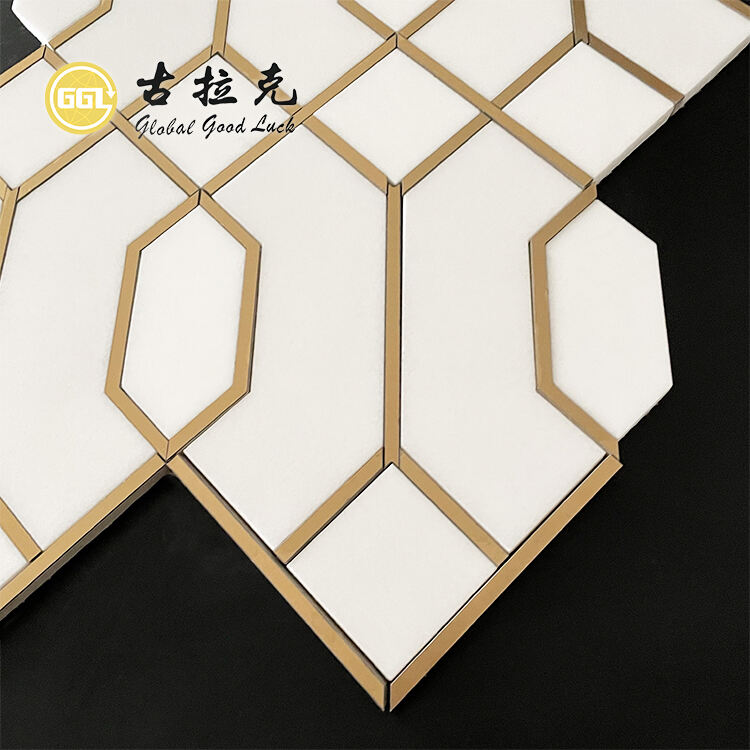 New Design Thassos White Marble with Brass Edge Stone Mosaic Tiles for Bathroom Decor