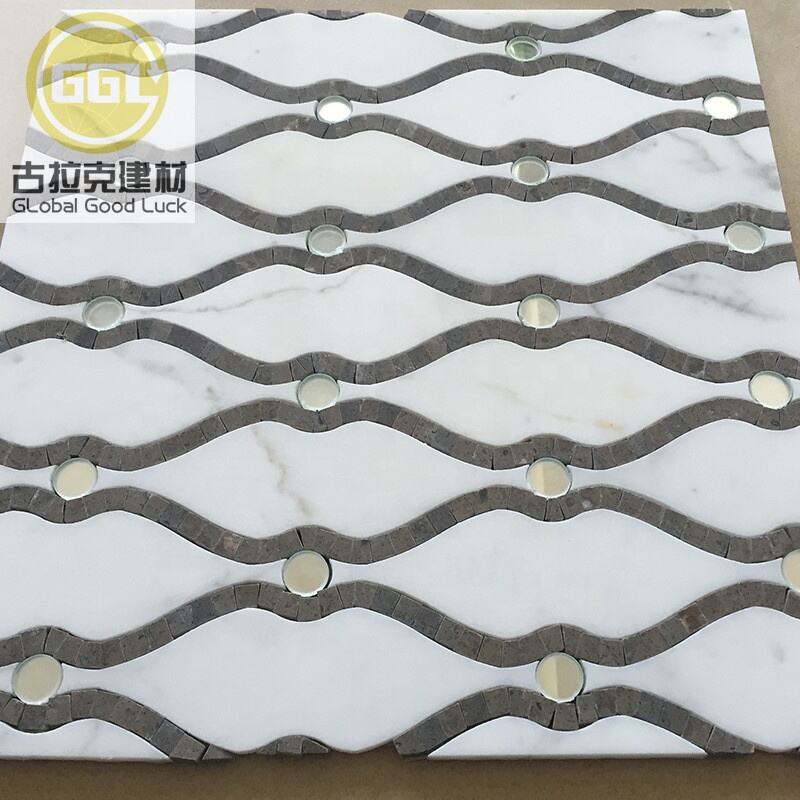 Mosaik ta' Dizajn Linja Tile Calacatta Gold Waterjet Mix Glass Mosaik Tile