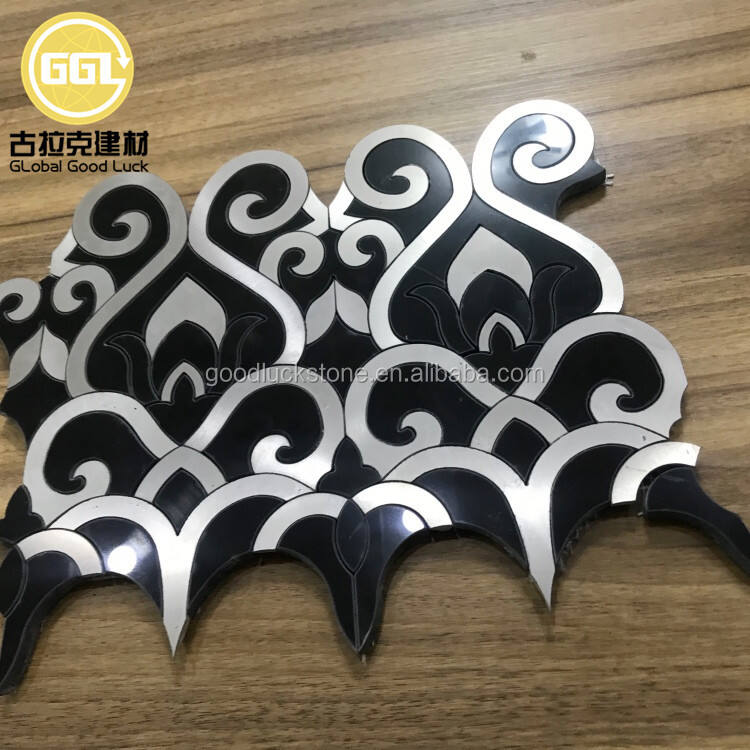 Black Marble Mix Stainless Steel Waterjet Mosaic Elegant Design Tile for Interior Decoration