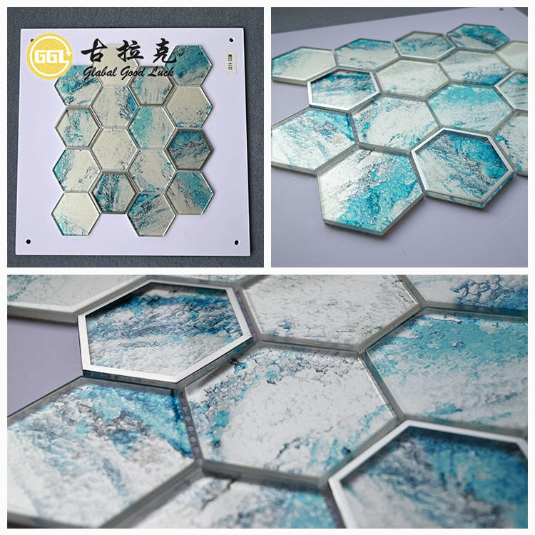 Blue Crystal Glass Pattern Mix Sliver-Rimmed And Gold Edged Mosaic Tile