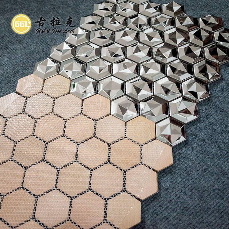 Glossy Surface Hexagonal Metal Mosaic 3D Effect Stainless Steel Decorative Wall Tiles