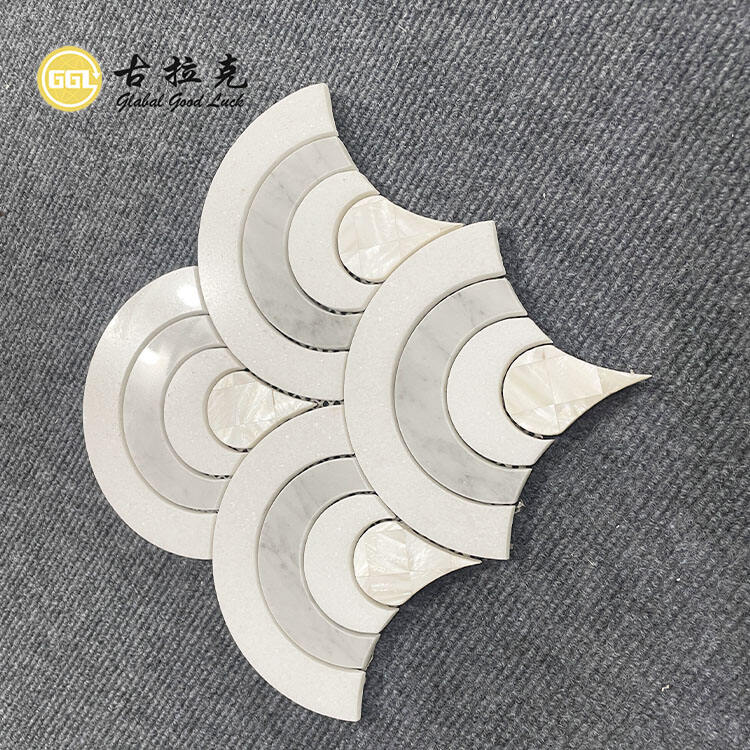 Marble Inlay With Shell Fan Shape Waterjet  Mosaic For Floor and Wall Tiles