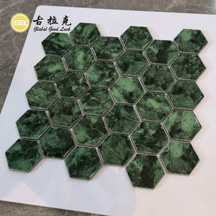 Hexagon Shape Ceramic Mosaic Tiles Dark Green Tile