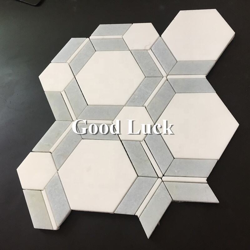 XiaMen Factory Supply White Mix Gray Marble Combination of Hexagon and Square Mosaic Tile for Bathroom Wall/Floor Decor