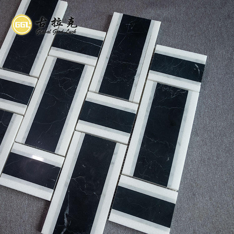 Basketweave Shape Black White Mosaic Interior Tile Home Decor Marble