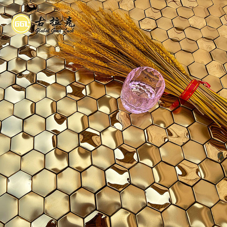 Glossy and Brushed Hexagonal Golden Metal Mosaic Decorative Wall Tiles