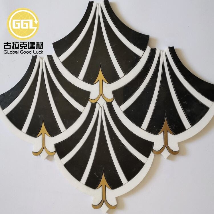 White Mix Black Fan Shape Marble Waterjet Mosaic Inlay Brass Design