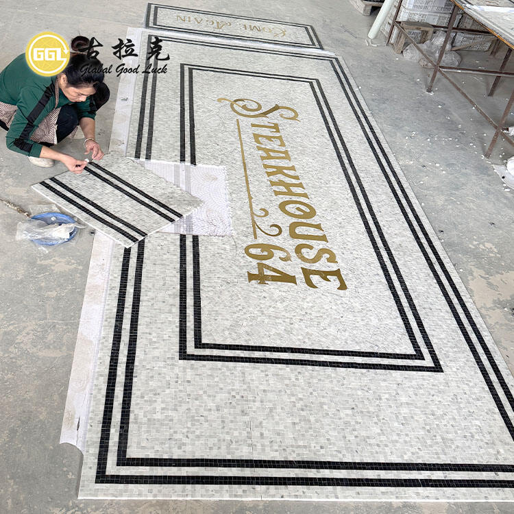 Hand-made Marble Mix Brass Pattern Medallion Waterjet Mosaic Mural Tile Picture