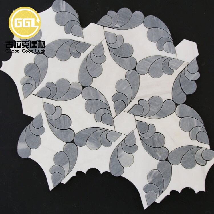 Unique Shape White Mix Grey Marble Pattern Waterjet Mosaic For Wall And Flooring Tiles