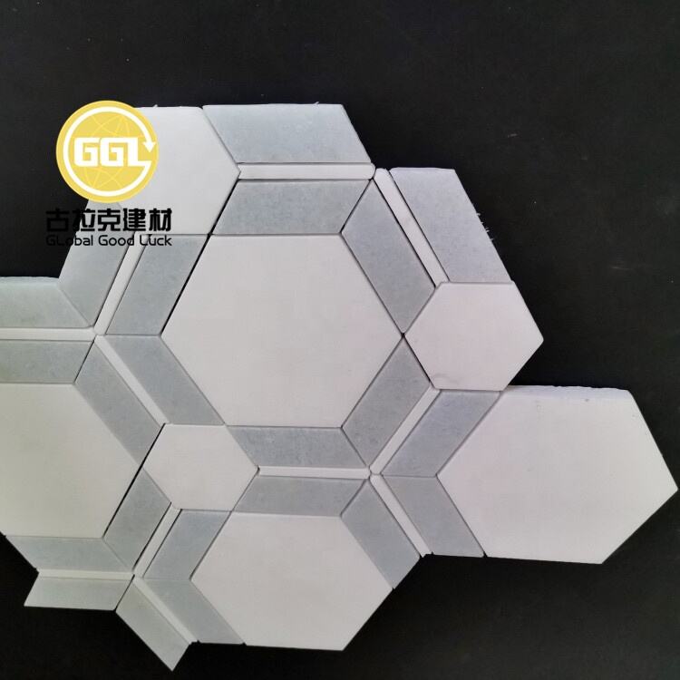 XiaMen Factory Supply White Mix Gray Marble Combination of Hexagon and Square Mosaic Tile for Bathroom Wall/Floor Decor