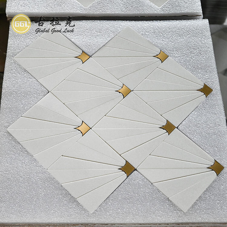 Square Thassos White Marble Mix Brass Mosaic Wall Tile