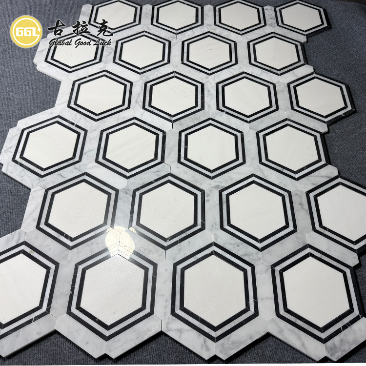 Hexagon Black White Marble Stone Mosaic Tile for Home Flooring Decor