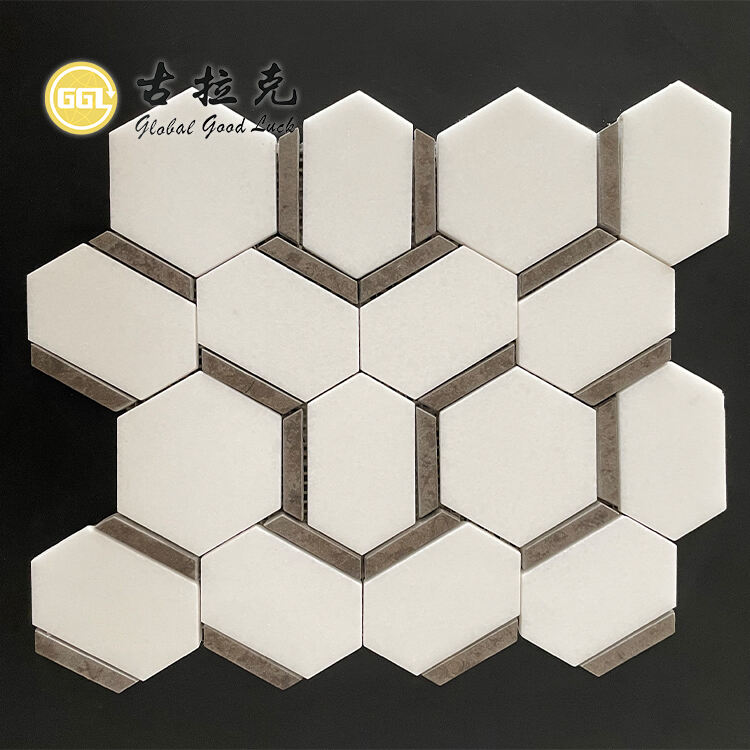 White Hexagon Marble Mosaic Tile with Brown Edge Stone Tile for Home Decor