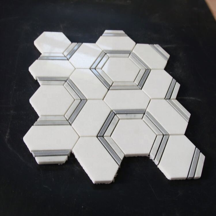 Tydgenootlike Hexagon Patroonontwerp Wit en Grys Marmorklossieël vir Badkamer of Keukin