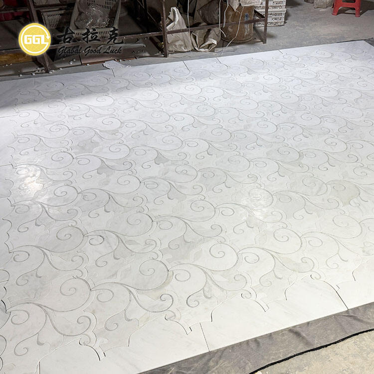 Natural White Marble Flower Parquet Feature  Waterjet Mosaic Tile Floor Wall Design