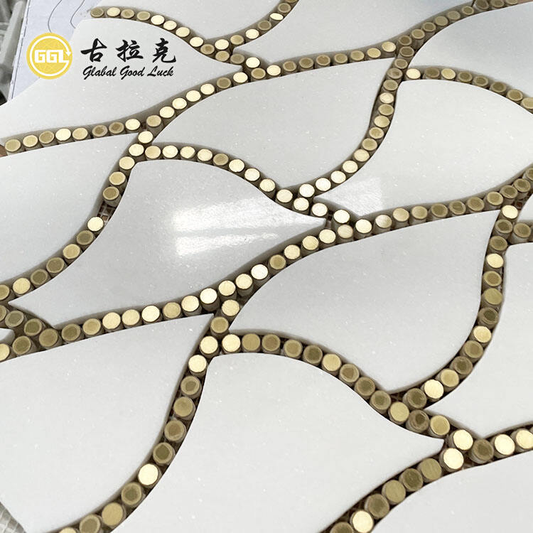 Thassos White Marble Mix Round Brass Pattern Waterjet Mosaic Tile