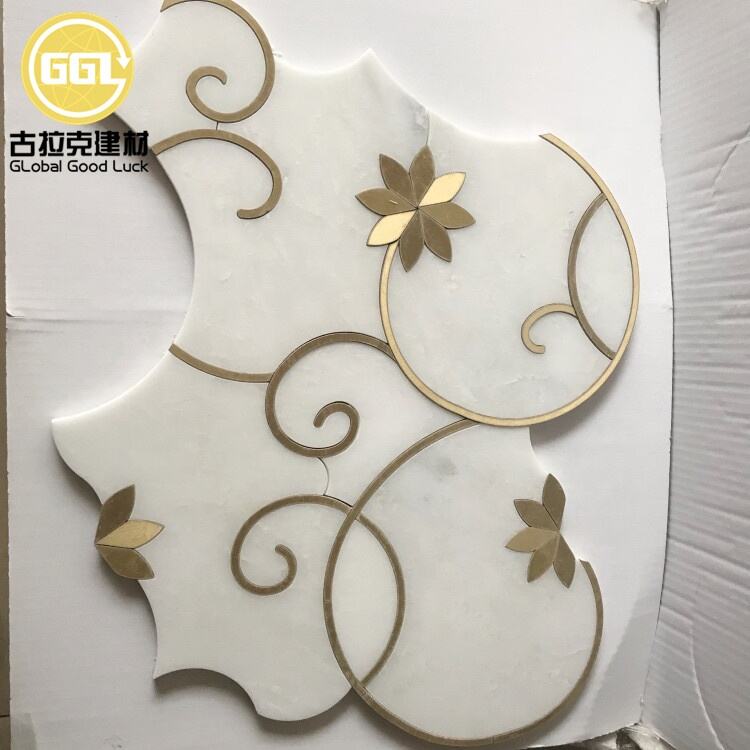  White Mable Mix Brass Waterjet Flower Pattern Mosaic For Bathroom and Kitchen Wall Tile 