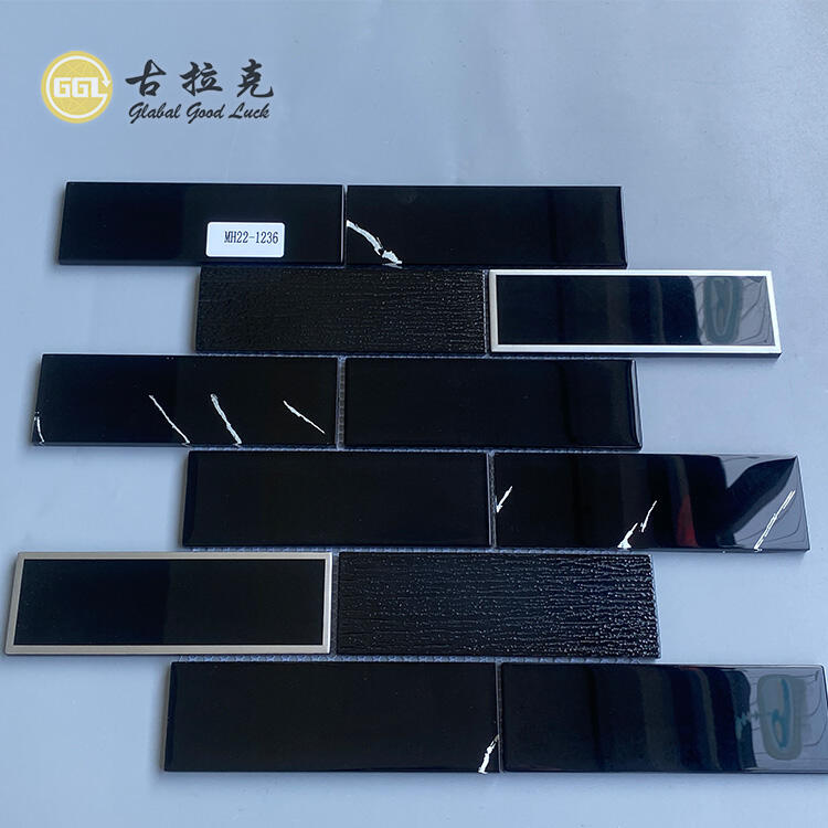 Pure Black Glass Mix Sliver&Gold Edged Glass Mosaic Tile For Wall