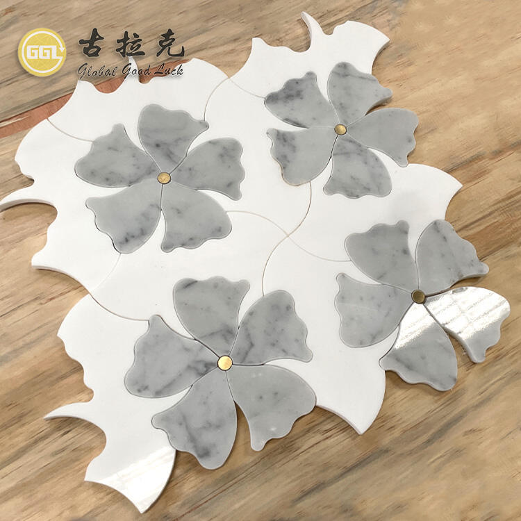 Flower Shape Parquet Feature Marble Mix Brass Dots Waterjet Mosaic Tile