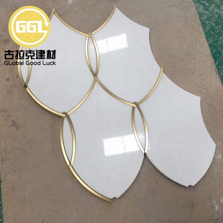 Thassos White Brass Edging Marble Irregular Waterjet Mosaic Tile Wall Flooring