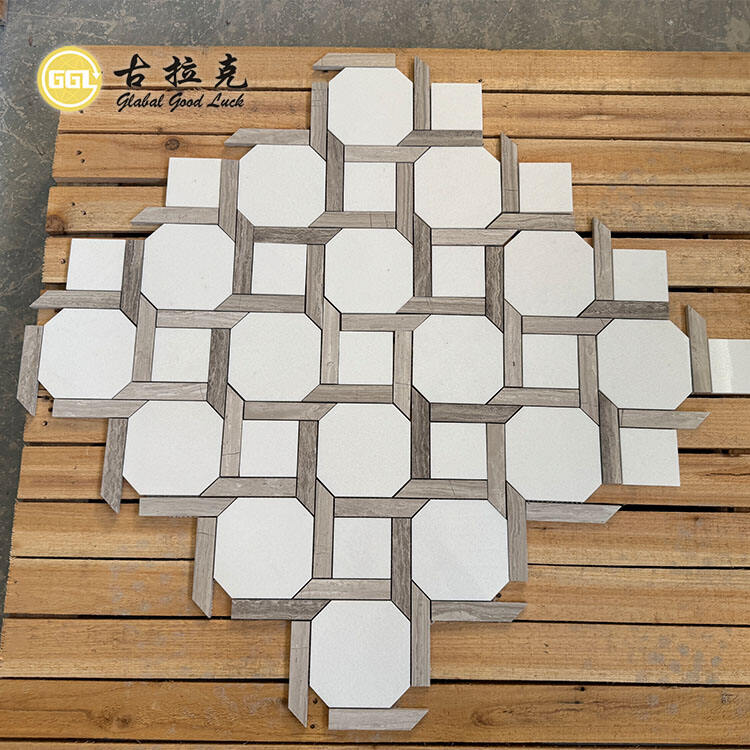 Wood Grain & White Marble Stone Mosaic Tile for Home Floor Wall