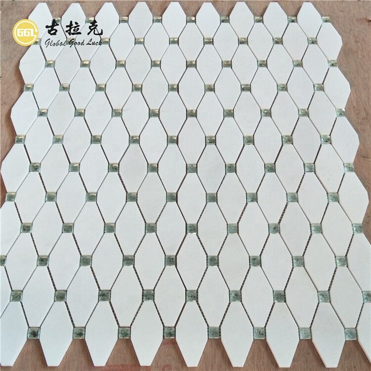 Thassos White Marble Mix Glass Long Octagon Shape Marble Mosaic Wall Floor Tile