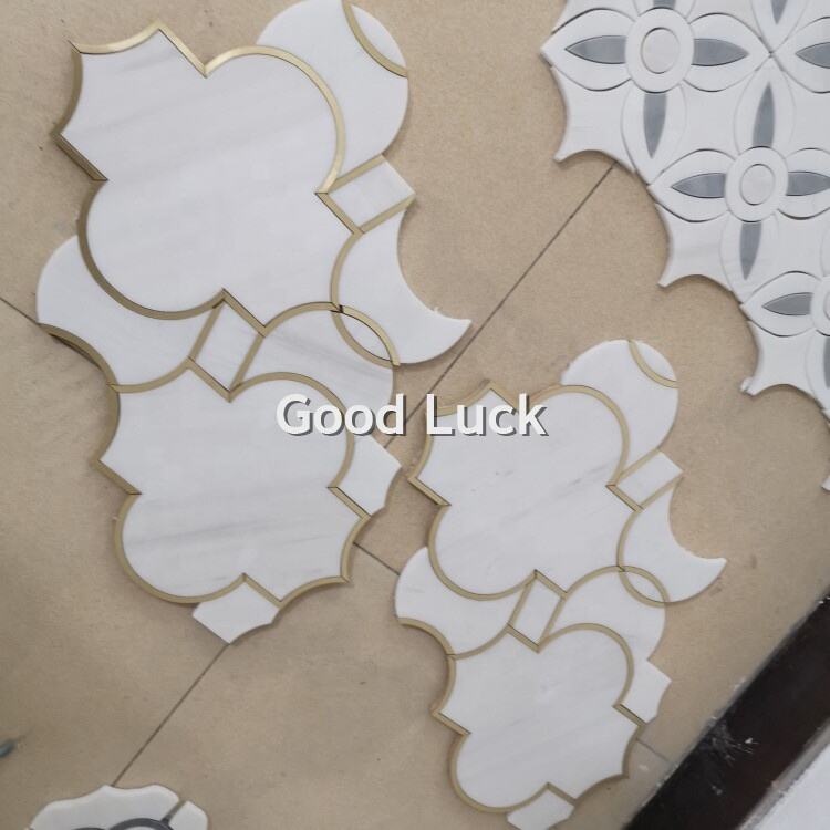 Lantern Shape Marble Waterjet Mosaic Inlay Brass For Wall Floor Tile