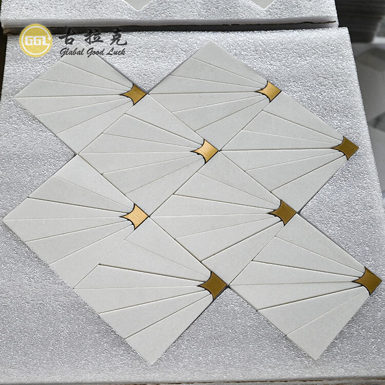 Square Thassos White Marble Mix Brass Mosaic Wall Tile