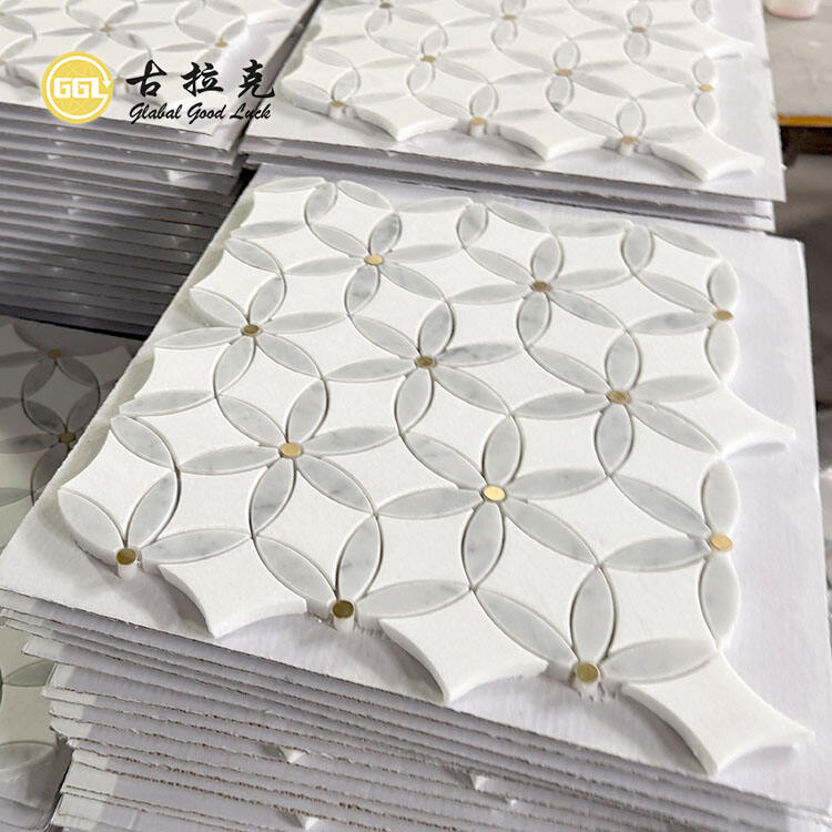 Marble Inlay With Dot Brass Waterjet Mosaic for Kitchen Wall Backsplash Tile