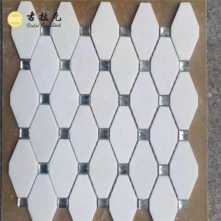 Thassos White Marble Mix Glass Long Octagon Shape Marble Mosaic Wall Floor Tile