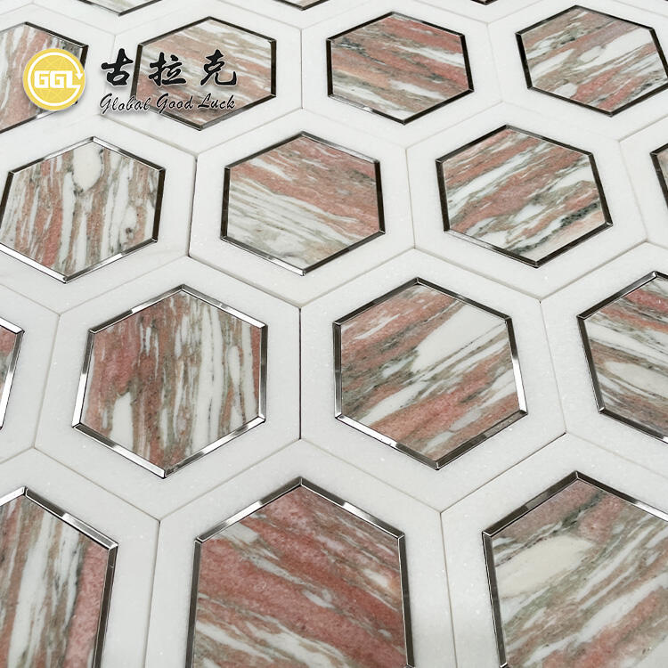 Rosso Norvegina Marble Mix Metal Hexagon Mosaic Tile Waterjet Cut for Floor Decor