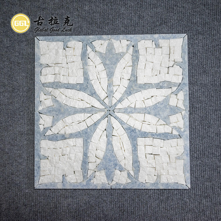 Hand-made Flower Waterjet Marble Thassos White Mix Blue Mosaic Tile