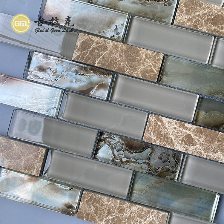 Natural Marble Mix Glass Crystal Strip Shape Glass Mosaic Kitchen Wall Tile