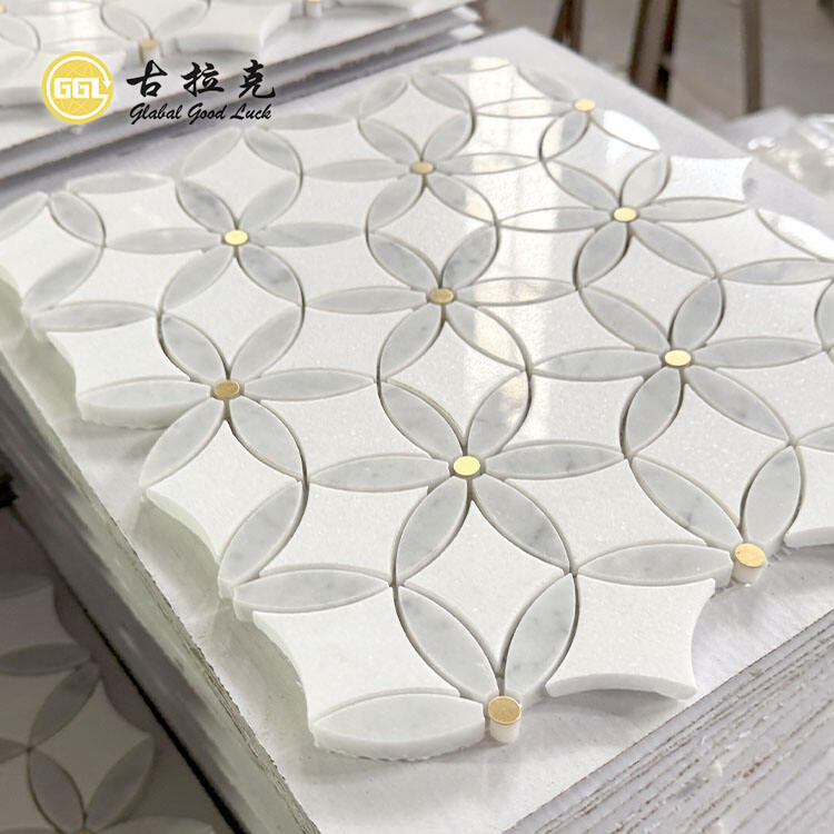 Marble Inlay With Dot Brass Waterjet Mosaic for Kitchen Wall Backsplash Tile