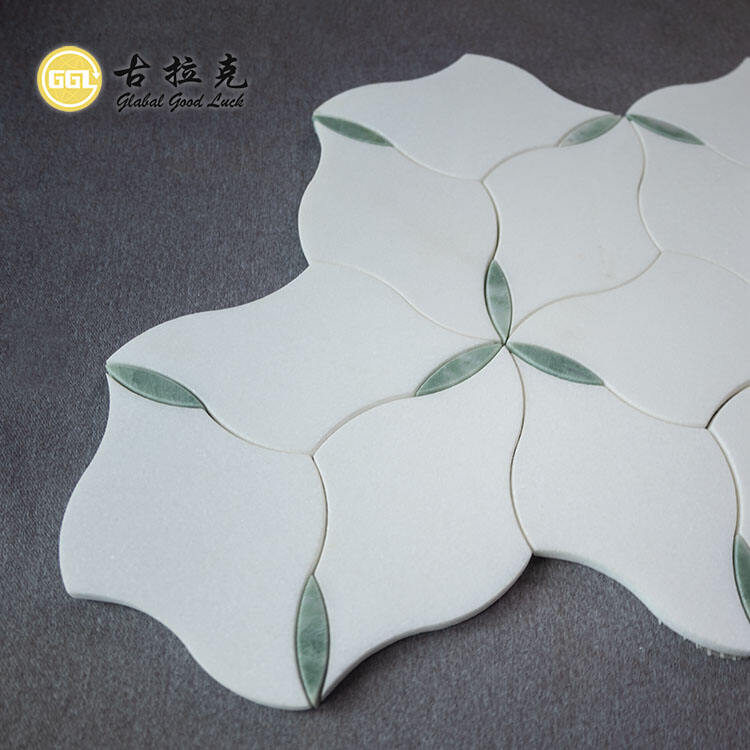 Thassos White and Green Marble Pattern Flower Shape Waterjet Mosaic For Wall Floor Tiles