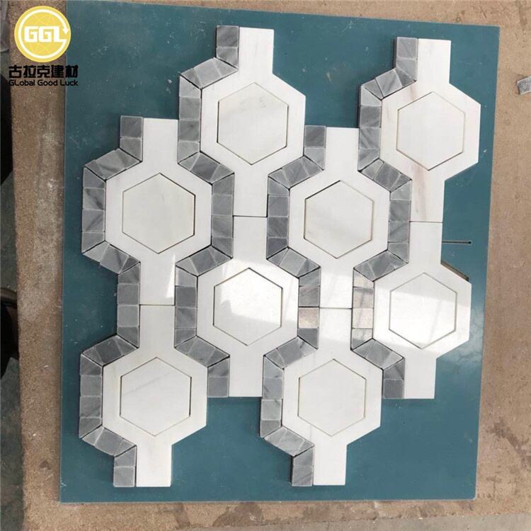 Polished White Mix Blue Marble Irregular Hexagon Parquet Feature Marble Mosaic Tile