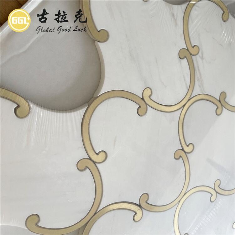 Dolomite White Marble Inlay Brass Waterjet Mosaic Tile