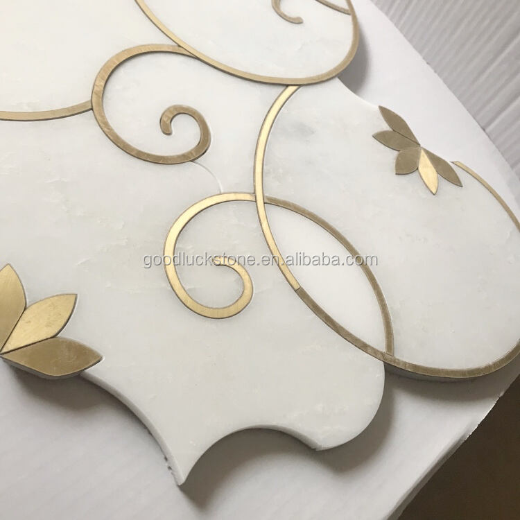  White Mable Mix Brass Waterjet Flower Pattern Mosaic For Bathroom and Kitchen Wall Tile 