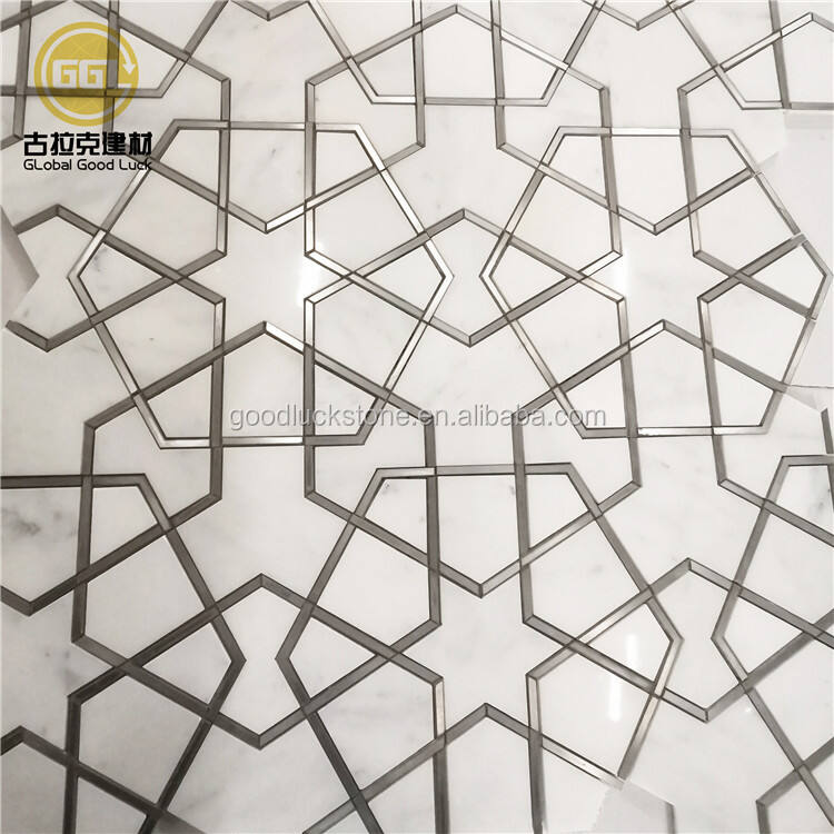 Stainless Steel Inlay Hexagon Mosaic Tile Marble Waterjet Tile for Home Decor