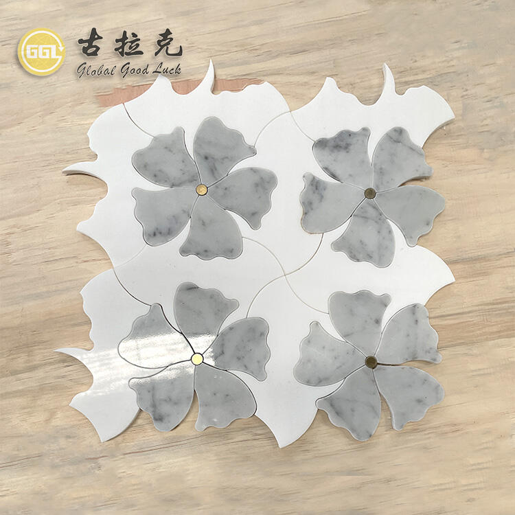 Flower Shape Parquet Feature Marble Mix Brass Dots Waterjet Mosaic Tile