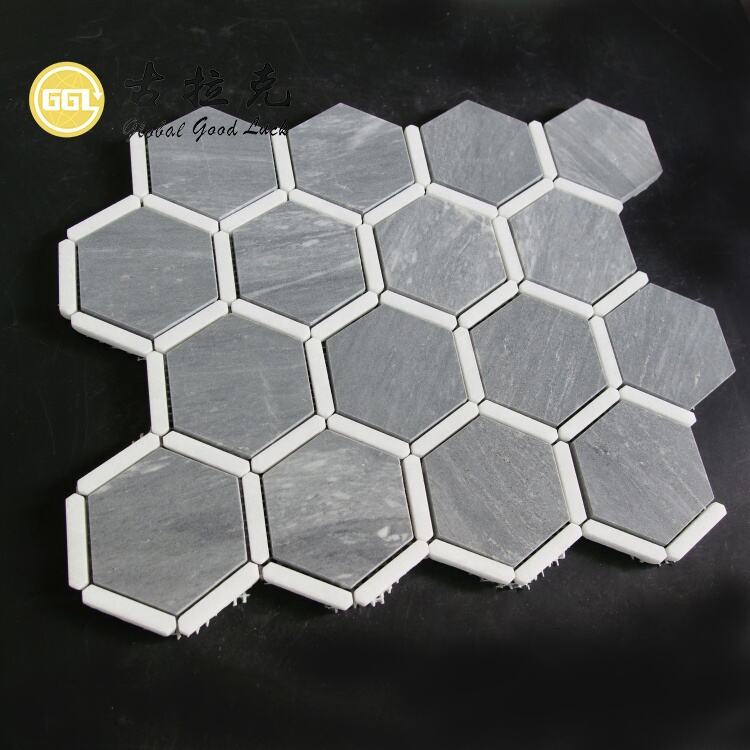 Modern Grey Mix White Marble Hexagon Marble Mosaic Tile for Kitchen Backsplash