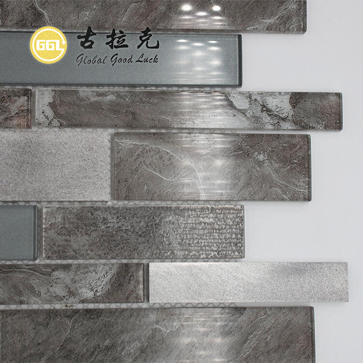 Long Strip Shape Glass Mixed Metal Backsplash Wall Decoration Tiles Glass Mosaic