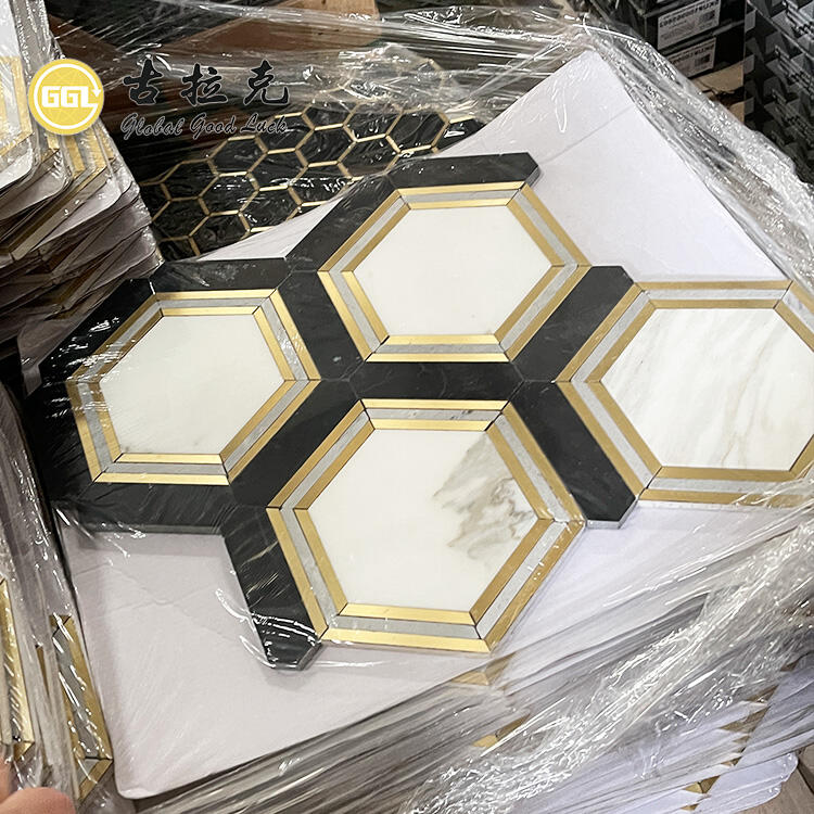 Hexagon Shape Marble With Brass Waterjet Mosaic Tile