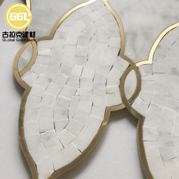 Marble Waterjet Mosaic Tile Bathroom Floor Tiles Inlay Brass Mosaic Gold